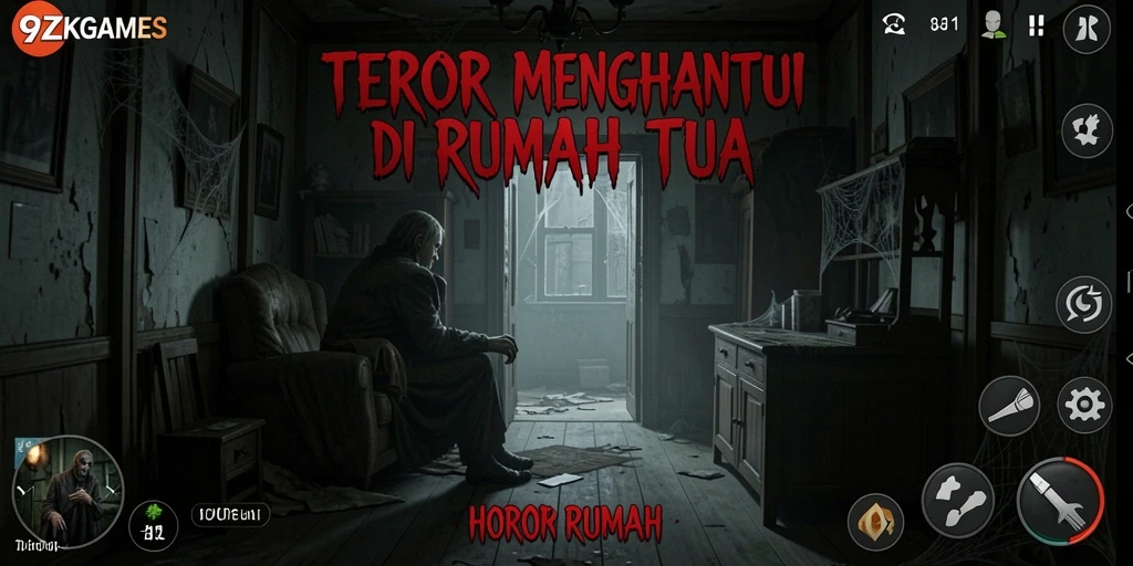 Tampilan antarmuka menegangkan dari 9ZKGAMES saat menjelajahi rumah tua.