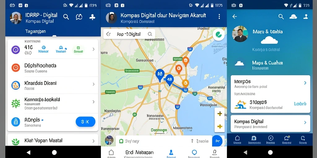 Tampilan antarmuka aplikasi Kompas Digital IDRRP dengan fitur navigasi.