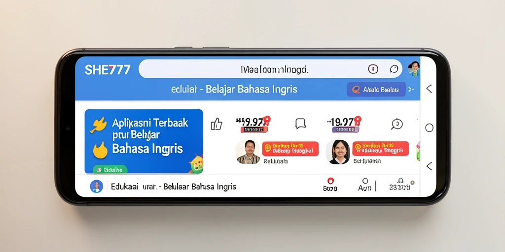 Screenshot utama aplikasi SHE777 yang menunjukkan antarmuka Belajar Bahasa Inggris.